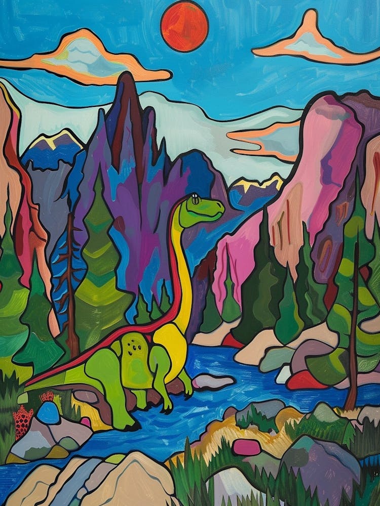 Colourful Wavy Line Dinosaur Mountain Illustration