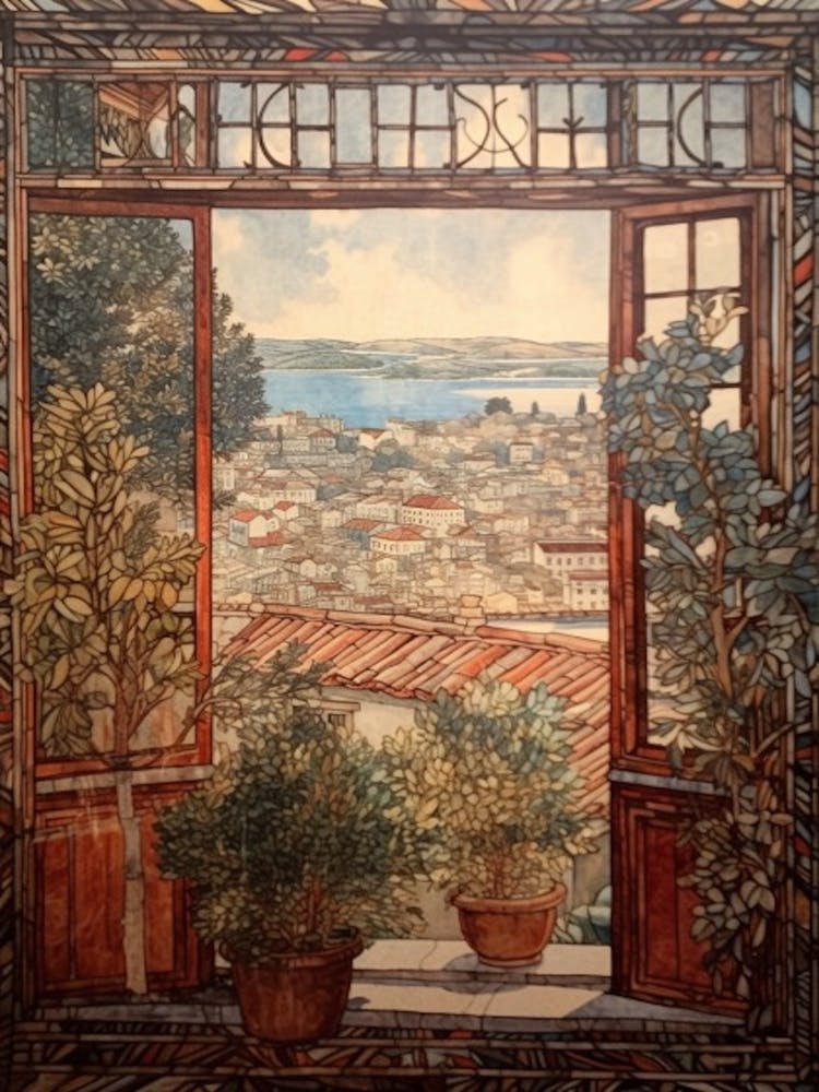Window View Of Athens Greece In The Style Of William Morris 4