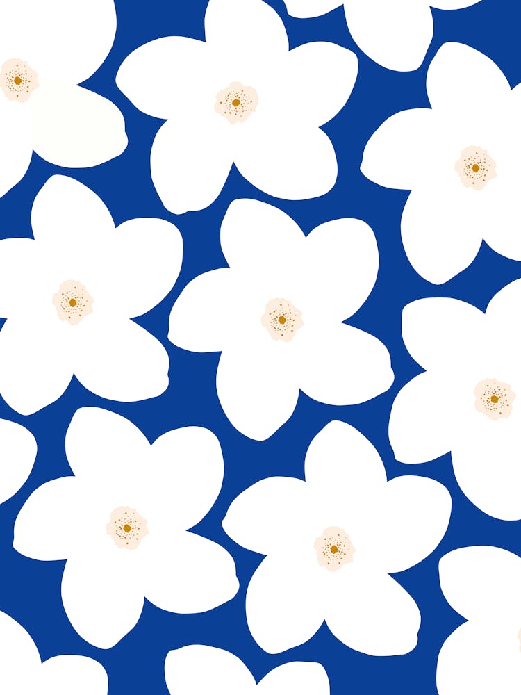 Retro Flowers White On Blue Floral