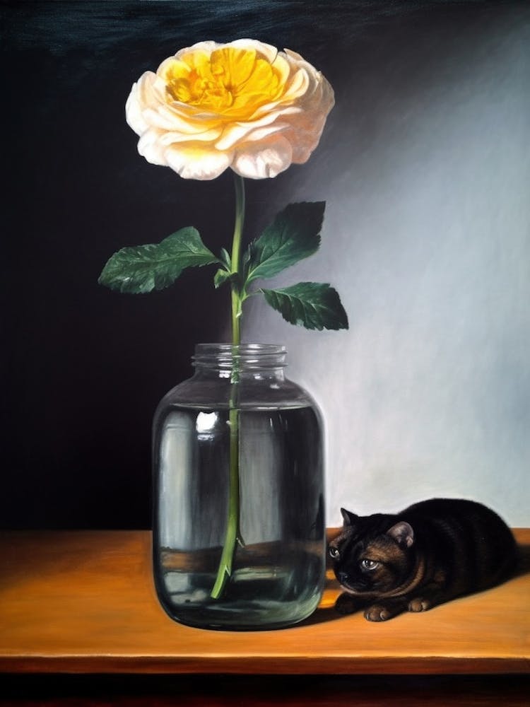 Painting Of A Still Life Of A Freesia With A Cat, Realism  2