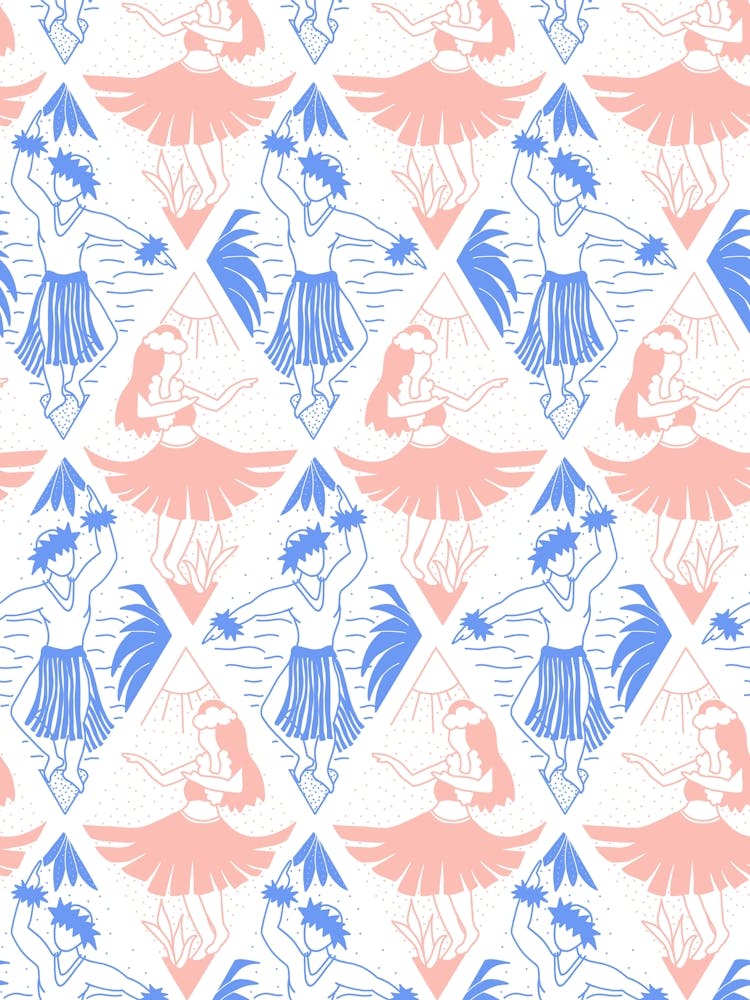 Hawaiian Hula Polynesian Dancers Rhombus Damask Pink Blue White 1