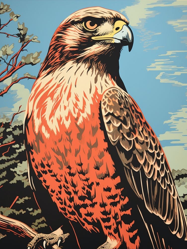 Linogravure d'oiseau vintage Faucon 3
