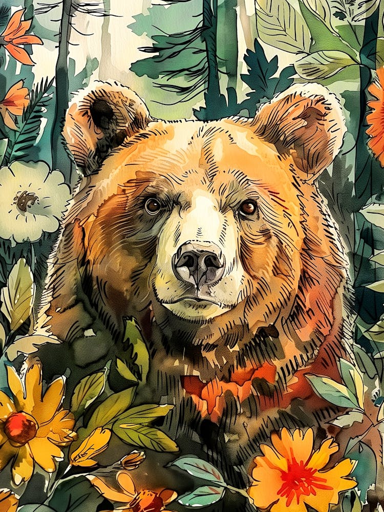 Brown Bear In The Forest animal art