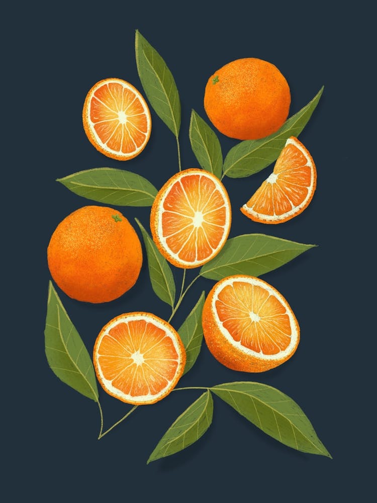 Oranges on dark navy background
