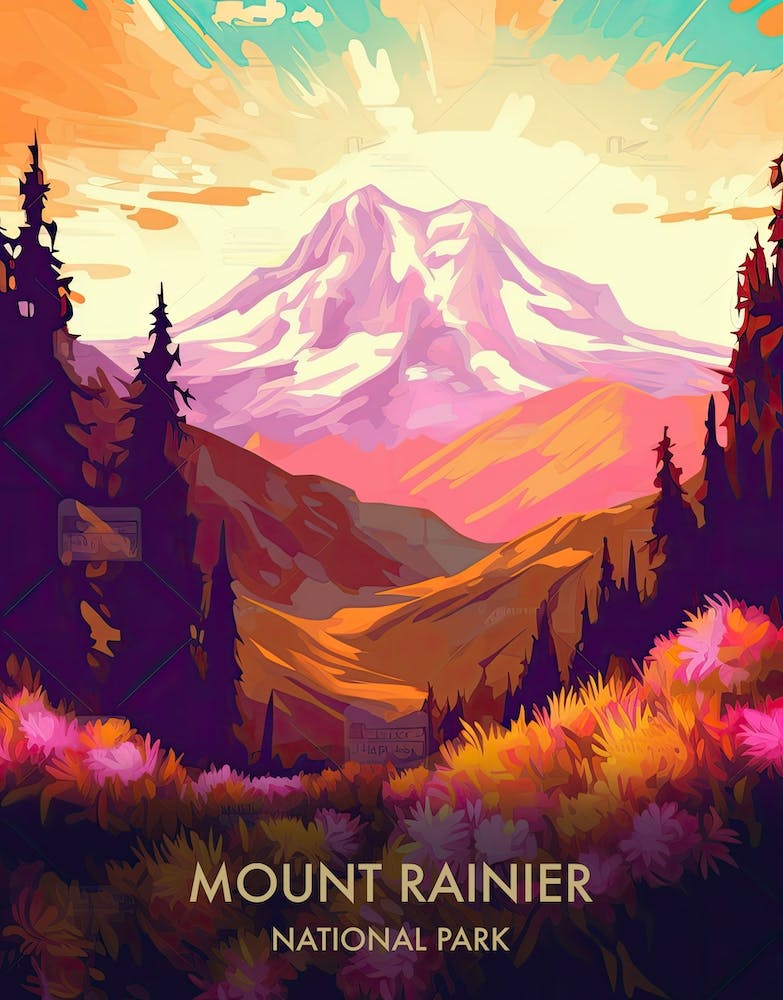 Mount Rainier National Park Reiseposter Illustrationsstil 1