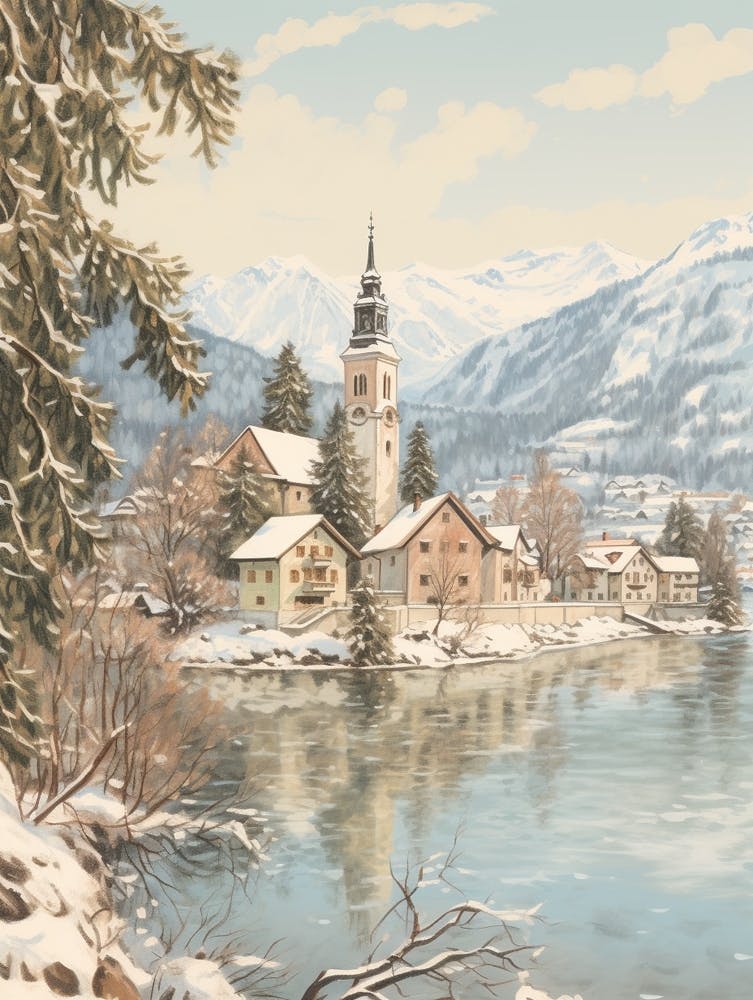 Vintage Winter Illustration Lake Bled Slovenia 2