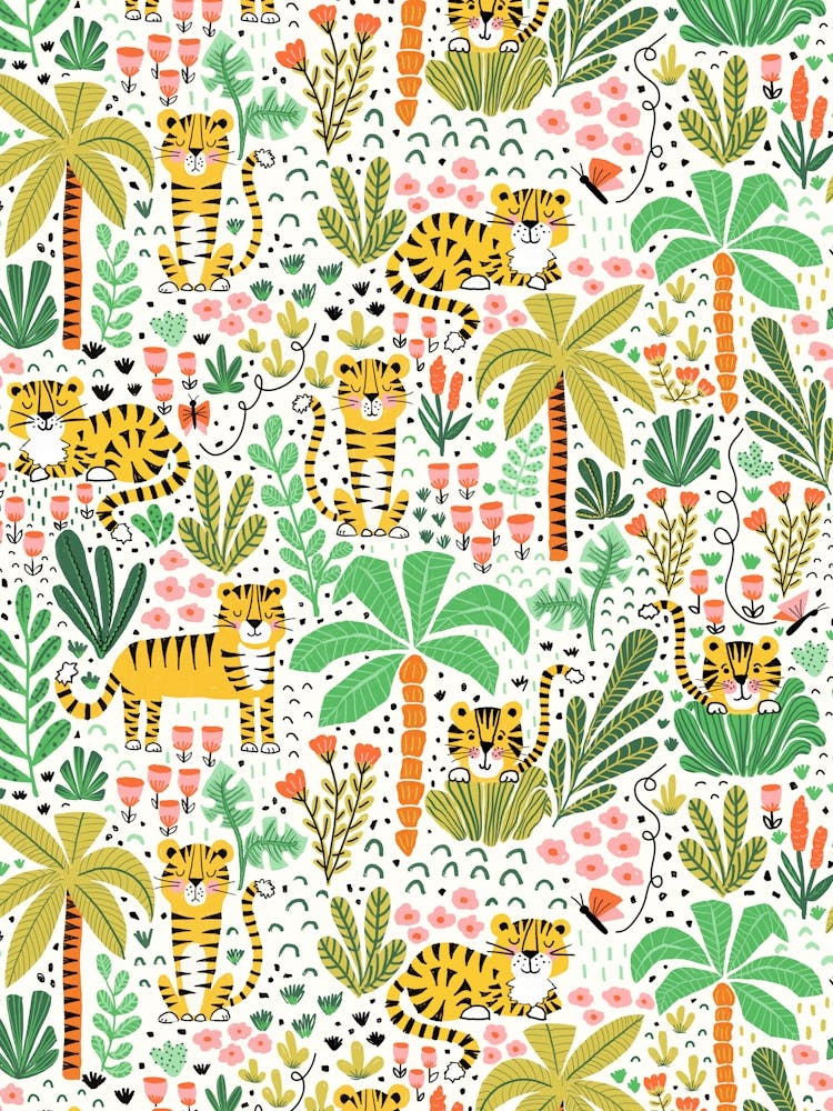 Happy Orange Tigers in the Palm Tree Jungle on White