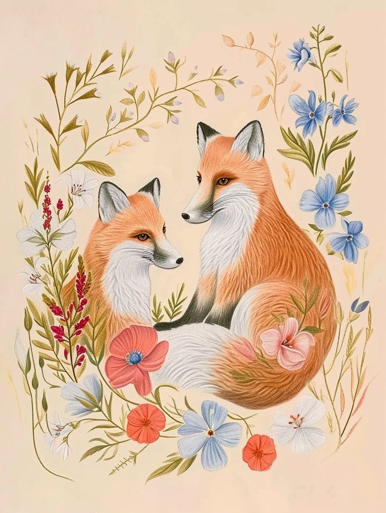 Folksy Floral Animal Drawing Fox 7