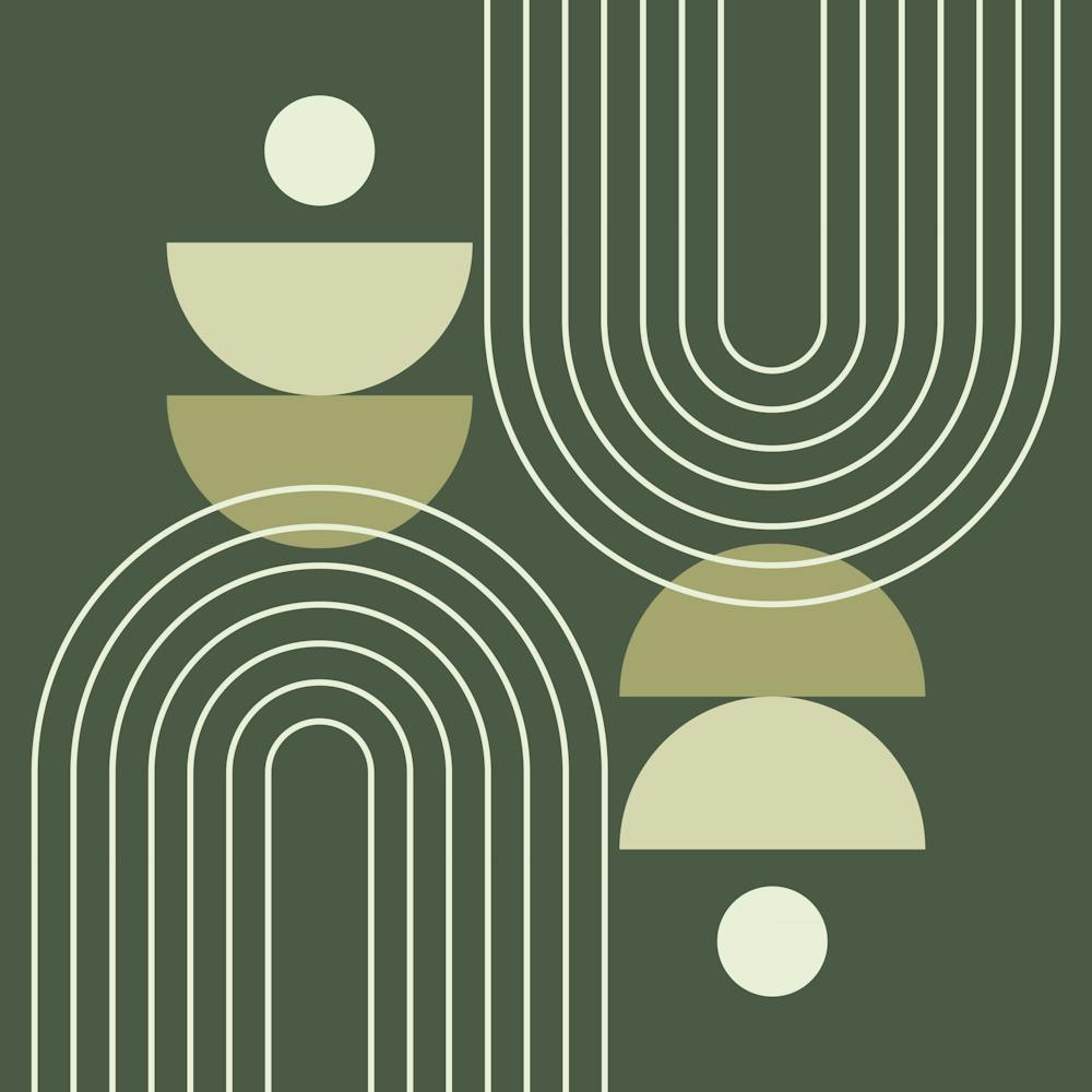 Mid Century Modern Geometric Moon Phases Sun Rainbow Abstract in Dark Rustic Forest Sage Green 1