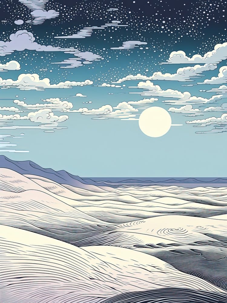 Tottori Sand Dunes In Tottori, Ukiyo E Black And White Line Art Drawing 4