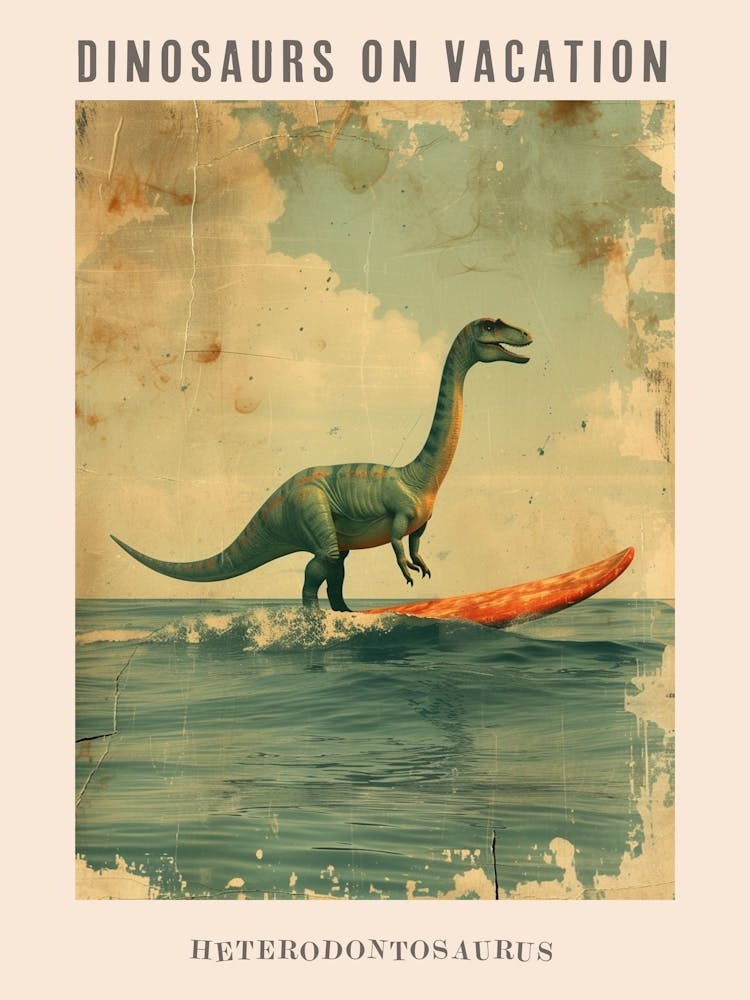Vintage Heterodontosaurus Dinosaurier auf einem Surfbrett 1 Poster