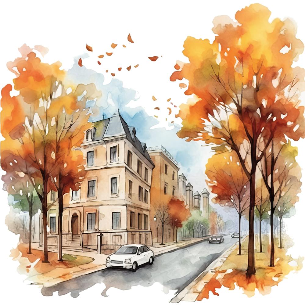 Watercolor Autumn Street Scene