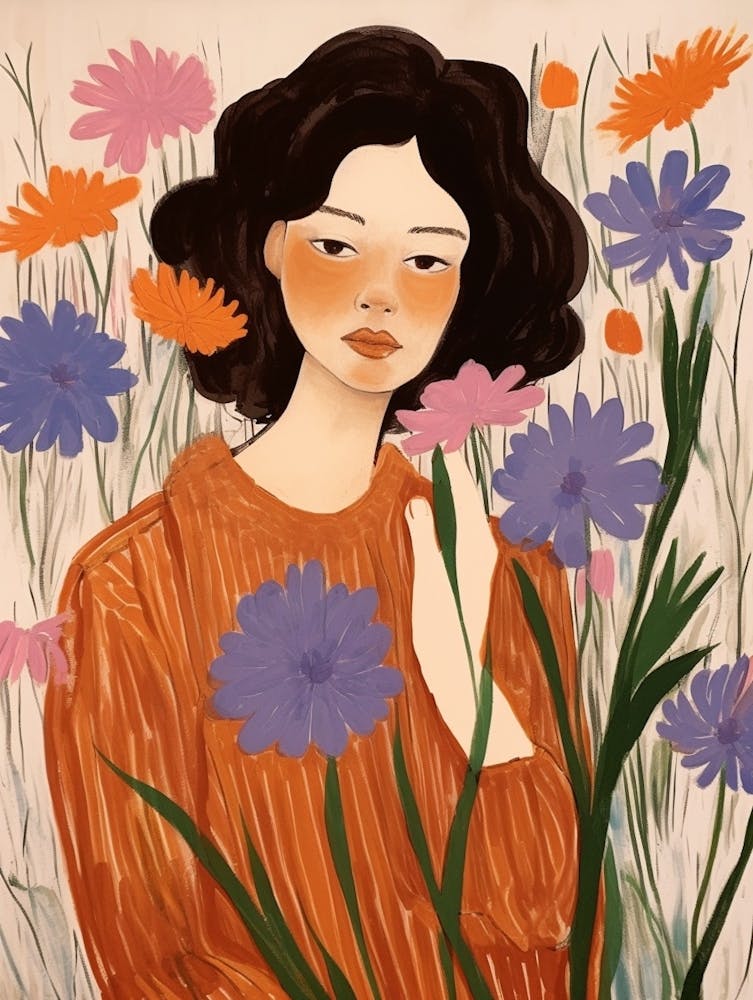 Woman With Autumnal Flowers Cornflower 2