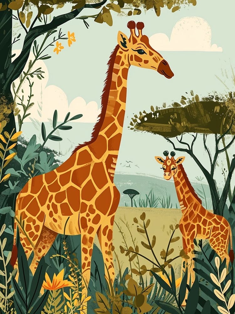 Moderne Illustration von zwei Giraffen im Sonnenuntergang 2