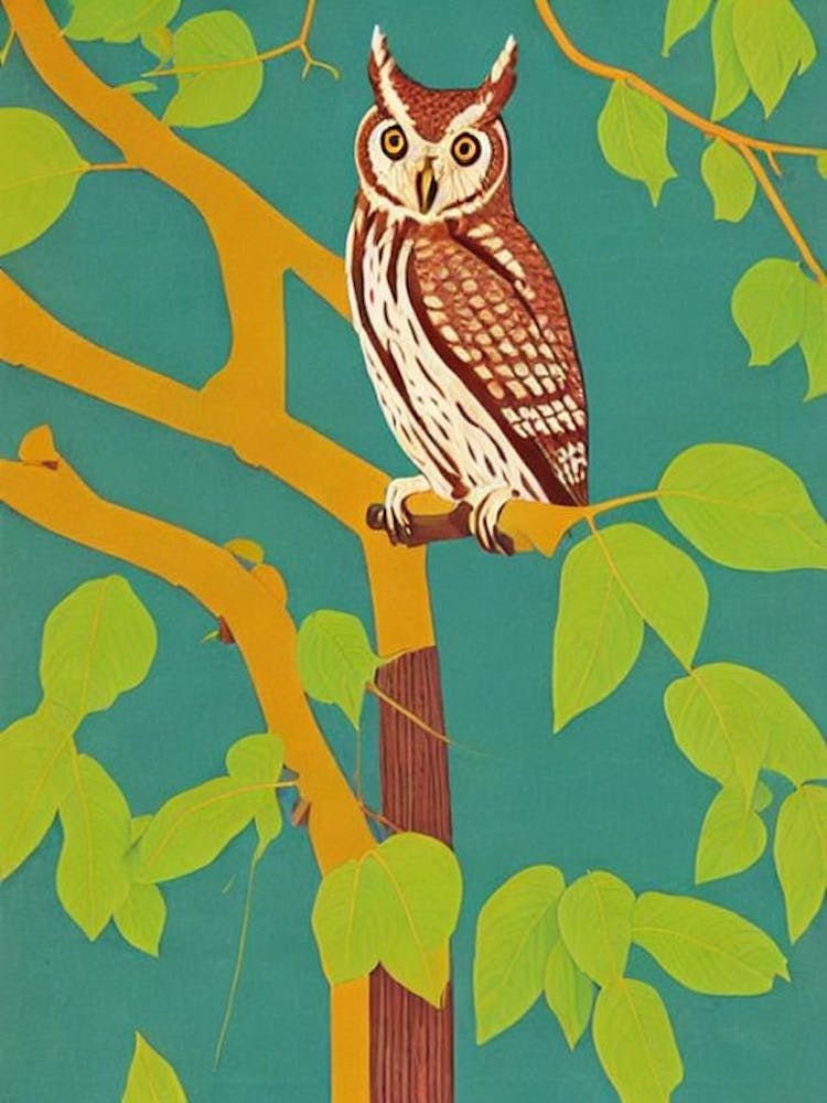 Eastern Screech Owl Midcentury Illustration Bird