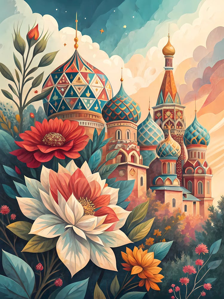 Oil Painting Style Whimsical Russian Architecture Floral & Domed Buildings