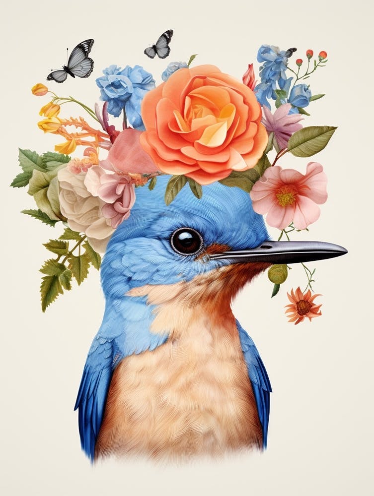 Vogel mit Blumenkrone Bluebird 2