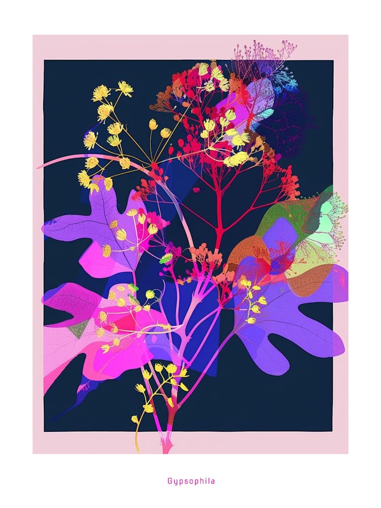 Gypsophila (Baby S Breath) 4 Neon Flower Collage Poster