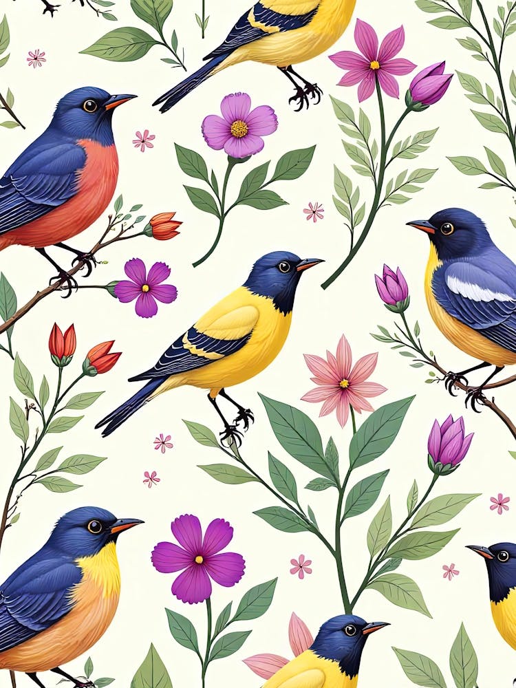 Flowers and birds - floral pattern poster 1