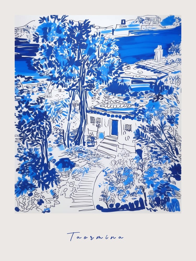 Taormina Italy Blue Drawing Poster