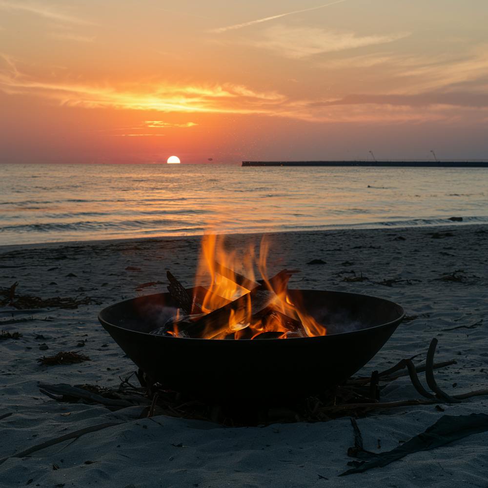 Campfire at the beach with a serene sunset