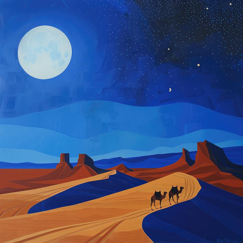 A Moonlit Desert Caravan. David Hockney Style