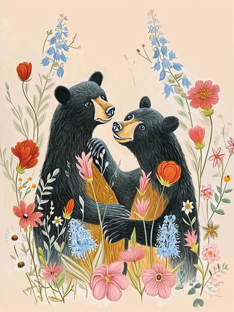 Folksy Floral Animal Drawing Bear 3
