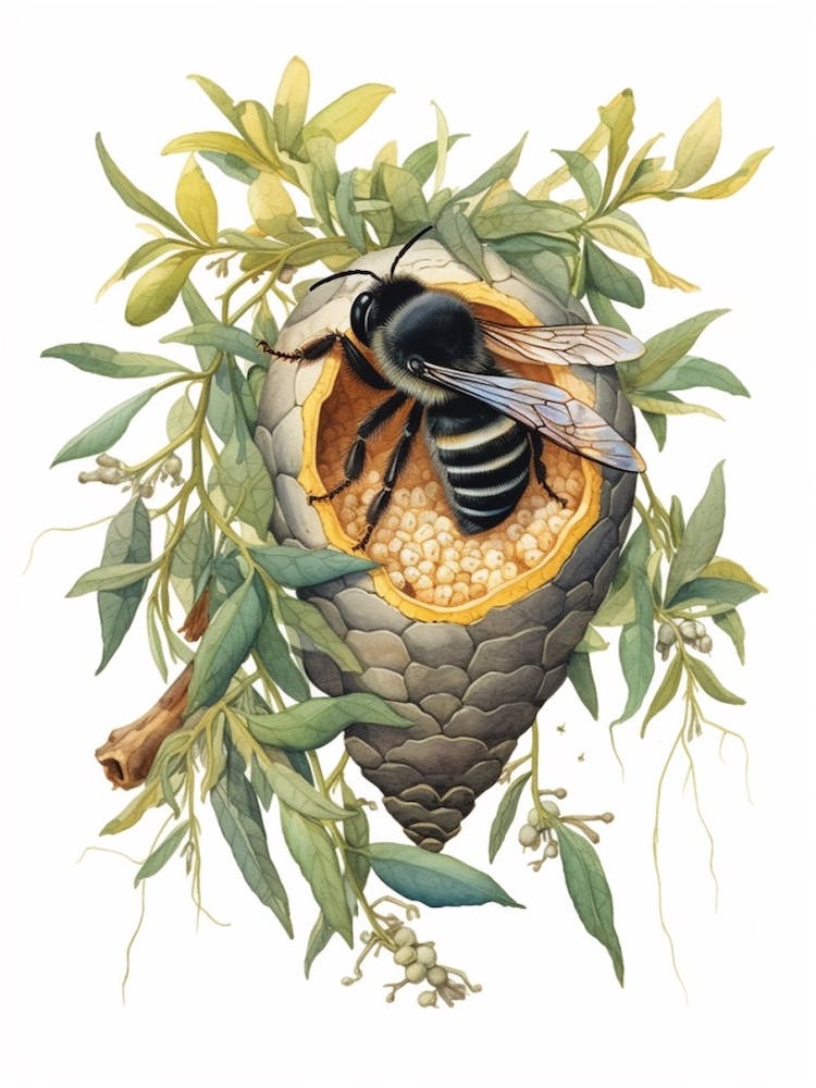 Abeille Charpentière de l'Est Ruche Illustration à l'Aquarelle 2