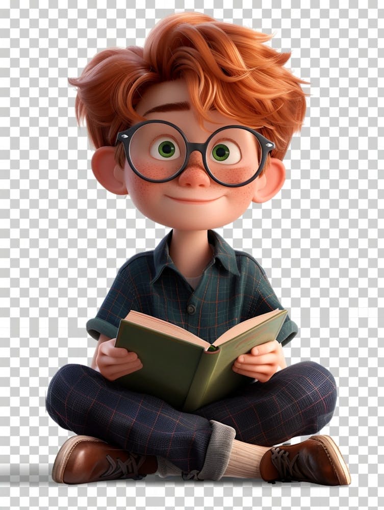 A 10 Year Old Schoolboy, He Wears Glasses, Redhead, Green Eyes, Modern Style, Checkered Pants, Navy Shirt, He Is Smiling Broadly, He Is Reading A Book Sitting Crosslegged, Pixar Style, Transparent Background,