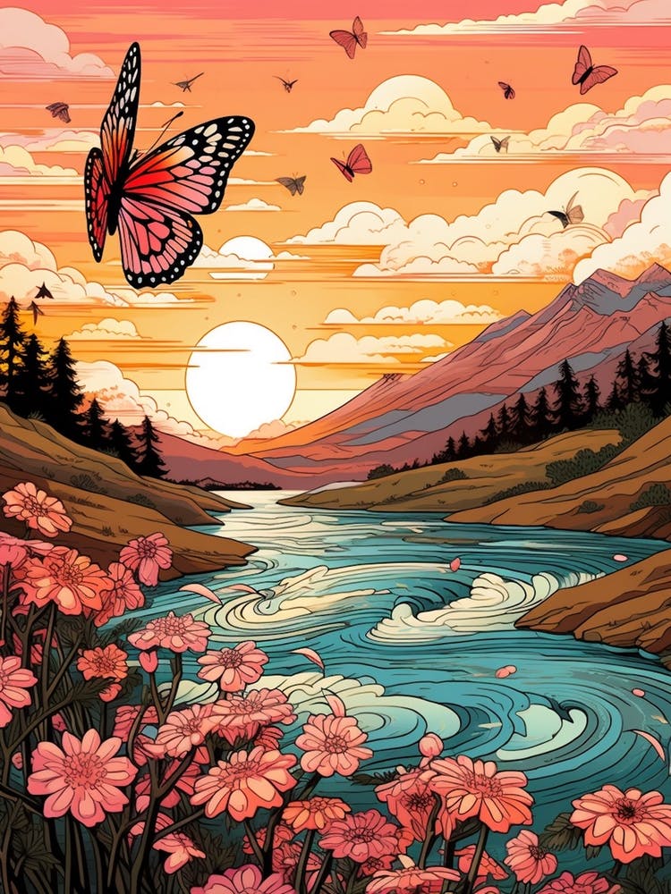 Butterflies At Sunset By The River Japanese Style Painting 4