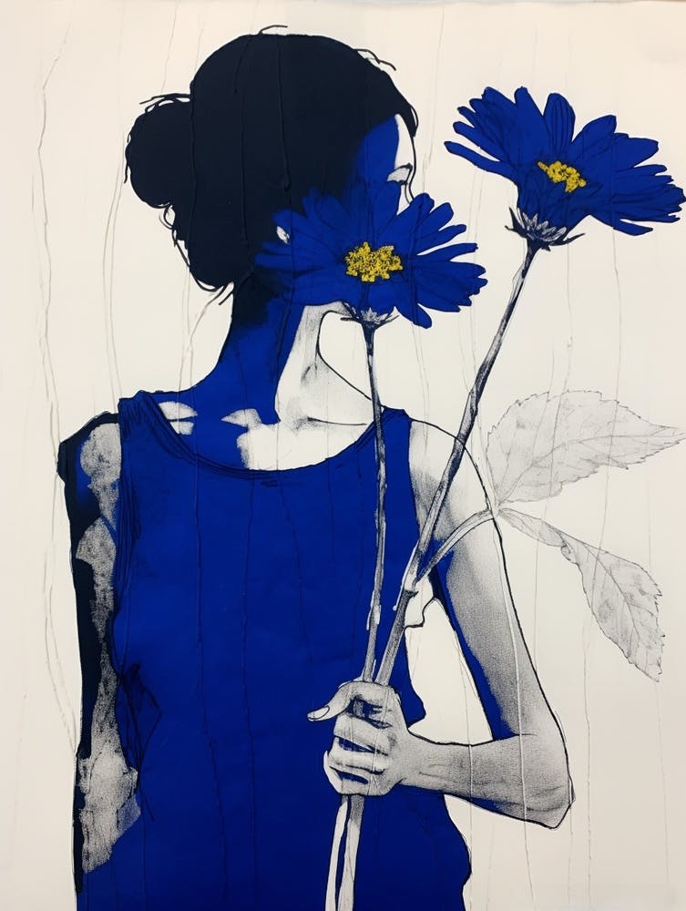 Woman Witha A Daisy Blue Botanical Illustration