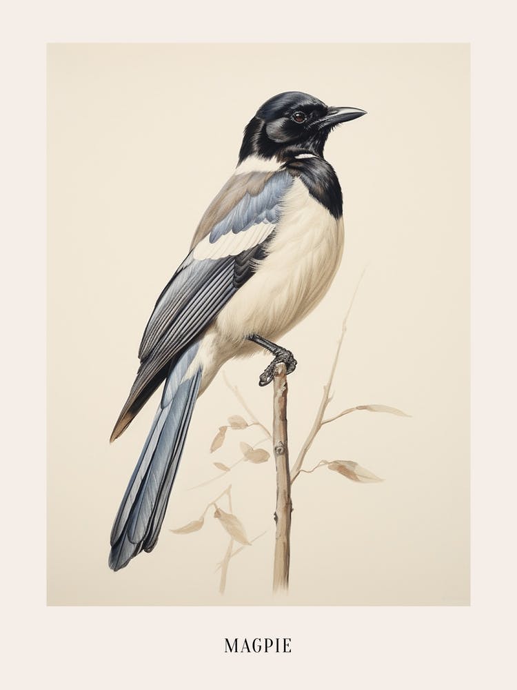 Vintage Bird Drawing Magpie 2 Poster