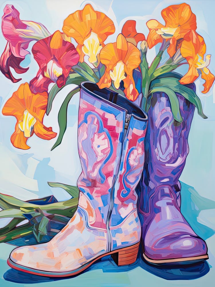 Oil Painting Of Colourful Flowers And Cowboy Boots, Oil Style 5