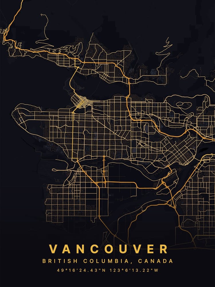 Vancouver British Columbia Canada Black And Gold Map