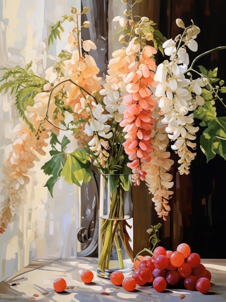 Wisteria Flower And Peaches Still Life Painting 2 Dreamy