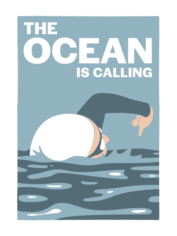 The ocean is calling – retro vintage swimming poster in blue
