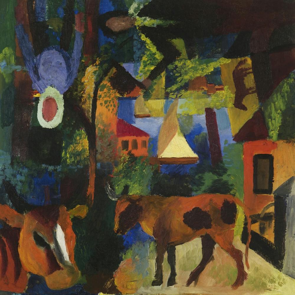 August Macke S Landscape With Cows, Sailboat, And Painted In Figures (1914) Famous Painting