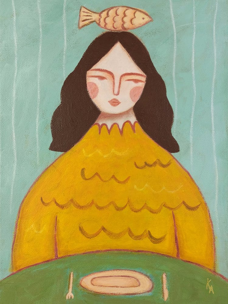 Girl and fish, Abstract woman, Fun art, Kitchen modern decor