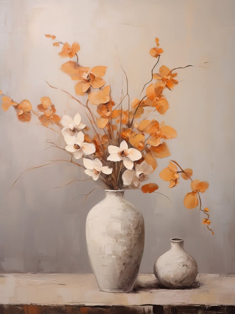 Orchid, Autumn Fall Flowers Sitting In A White Vase, Farmhouse Style 1