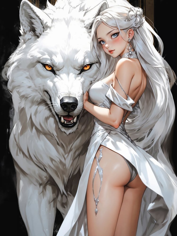 Wild wolf girl — a sexy creature of the night, her primal allure captivates in the white world of erotic manga and female animal fantasy.