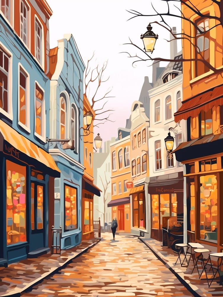 Vintage Winter Travel Illustration Bruges Belgium 4