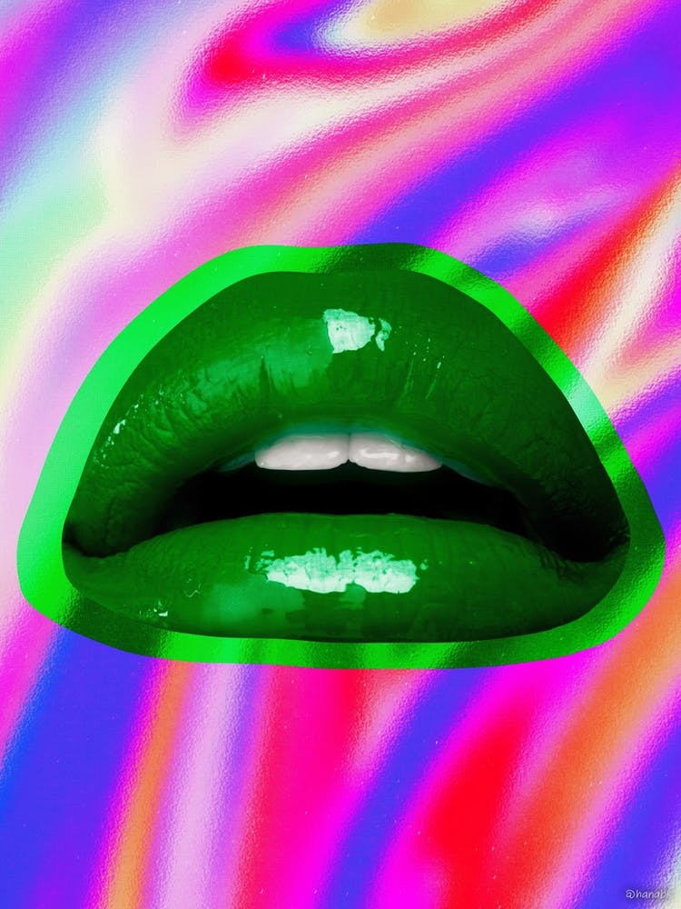 Collage Art Trippy Neon Lime Lips In Purple