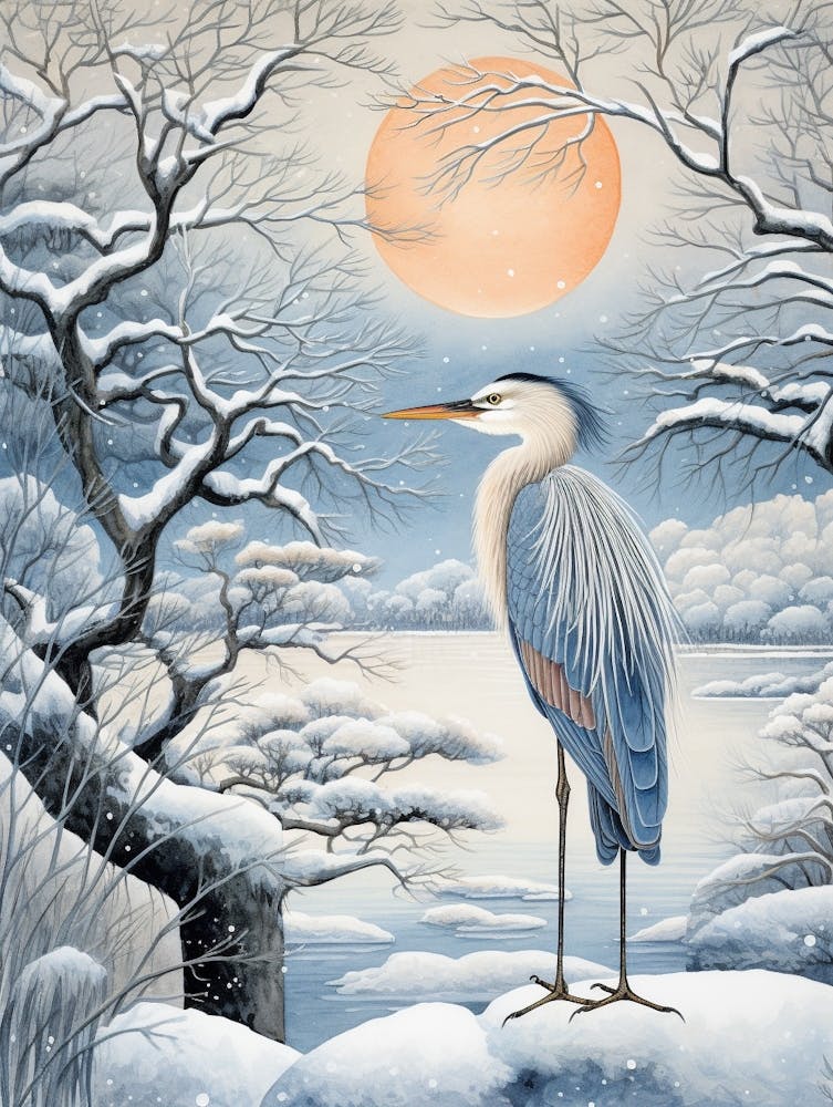 Peinture d'Oiseau Hivernal - Grand Héron Bleu 2