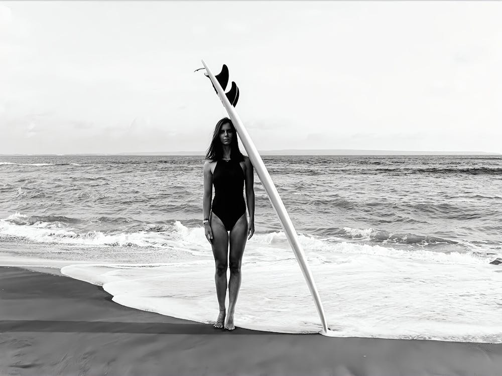 Surfboard Leaning On Woman Beach Wall Art, Surfing Wall Art, Black And White Print, Vintage Surf Ocean Poster, Coastal Decor