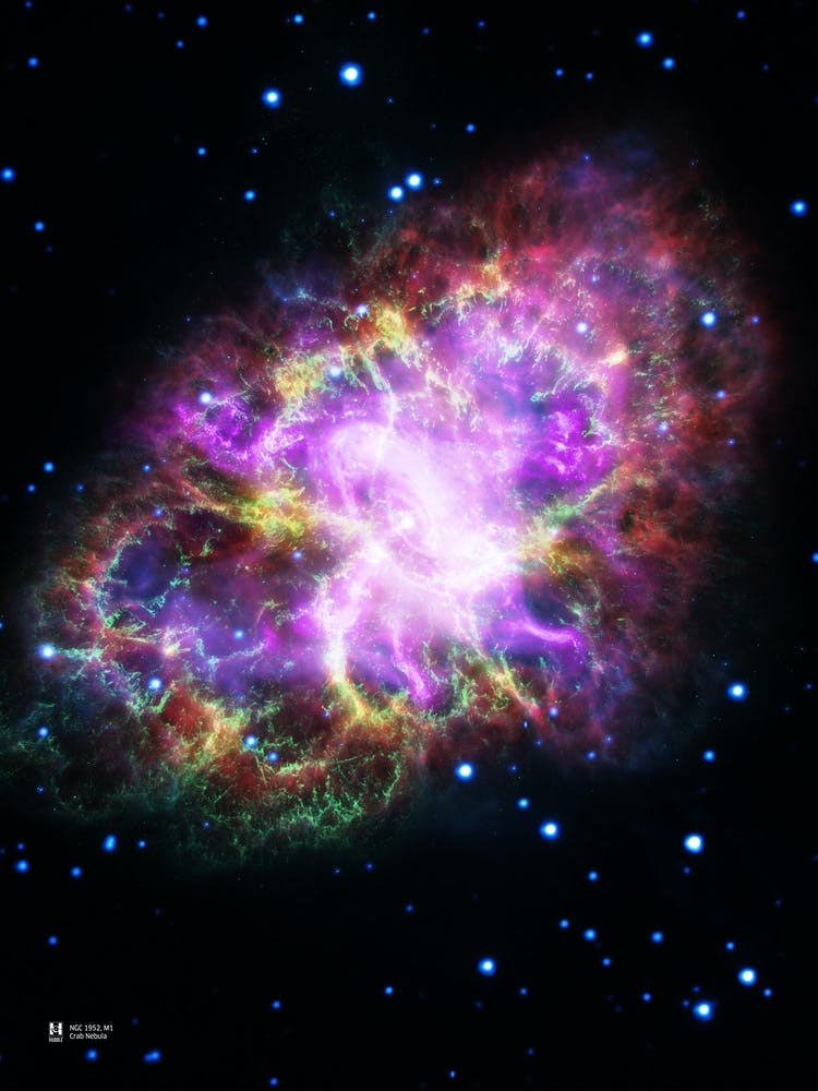 Crab Nebula in bright neon colours. M1, NGC 1952 ⛔ HQ-quality (NASA Hubble Space Telescope) — space poster, science poster, space photo