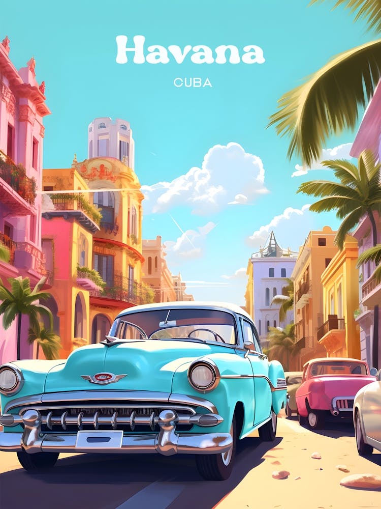 Havana Cuba Vintage Style Travel Art Illustration