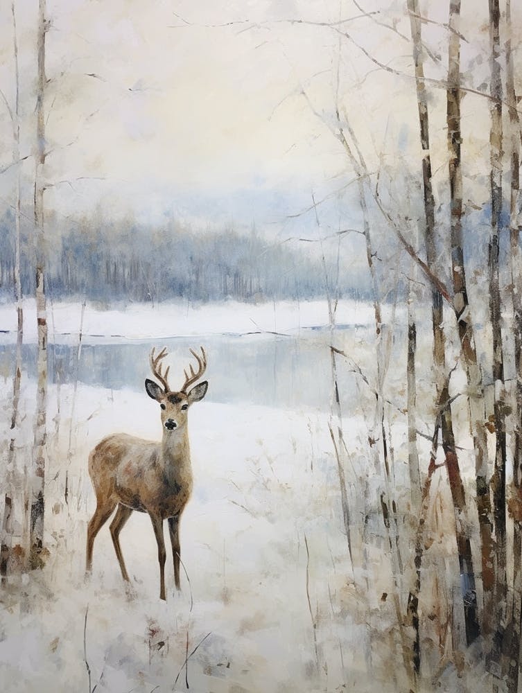 Vintage Winter Animal Painting Deer 2