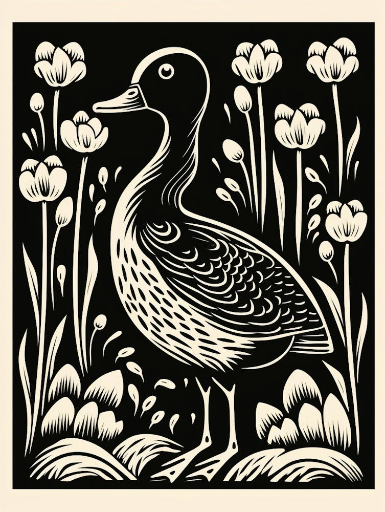 B&W Bird Linocut Duck 2