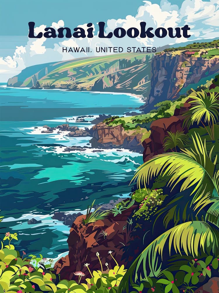 Lanai Lookout Oahu Hawaii Travel Illustration