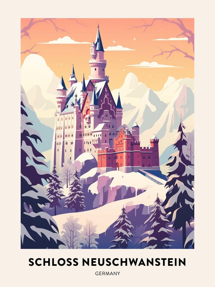 Vintage Winter Travel Poster Schloss Neuschwanstein Germany 7